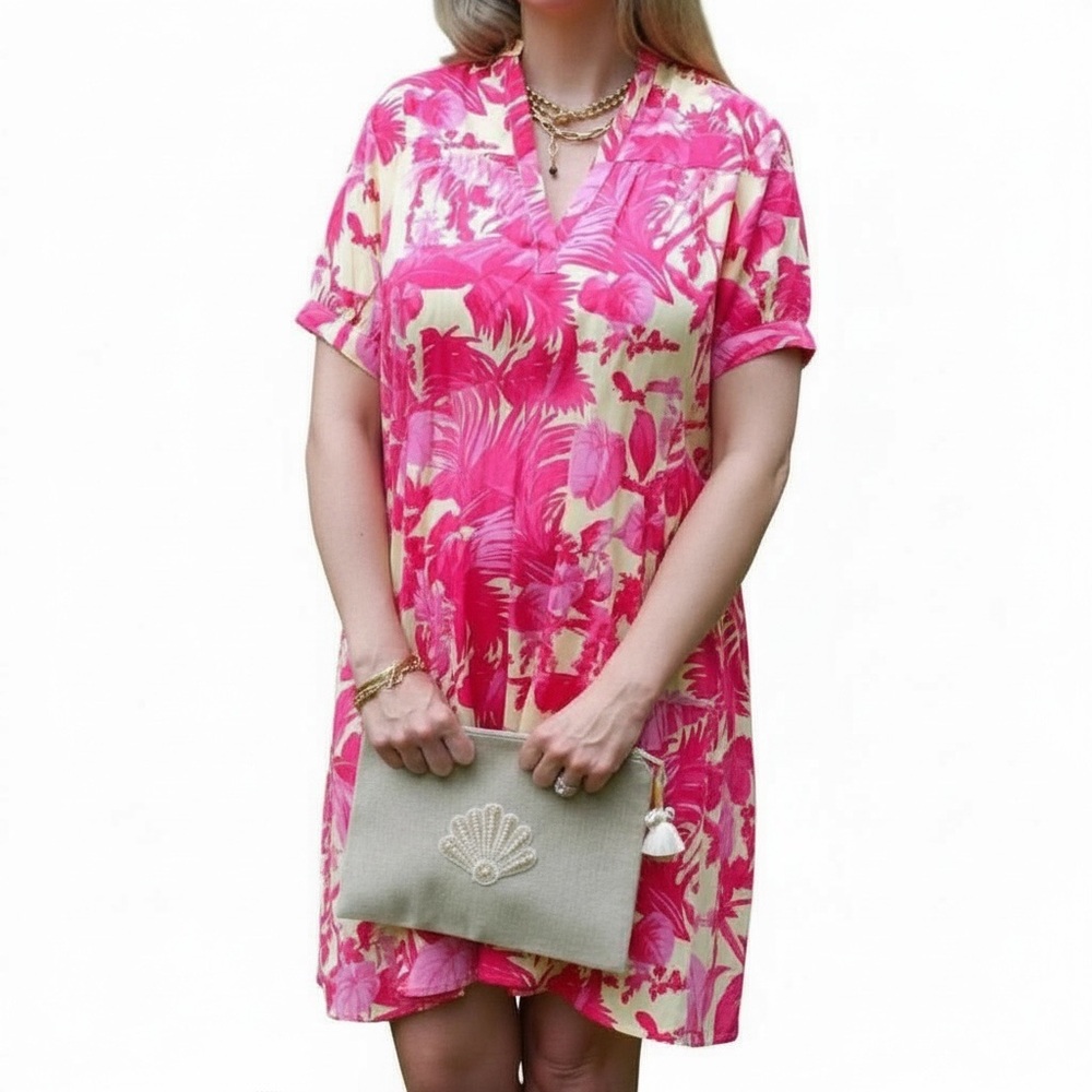 NWT FITZROY & WILLA  Martine Dress In Sand Palm Pink and Yellow Size Medium